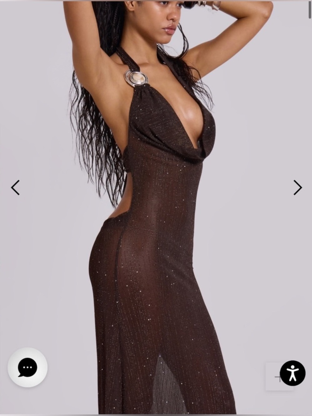 Jaded London Moara Knit Plunge Maxi Dress in Brown with Sparkle - Picture 2 of 7